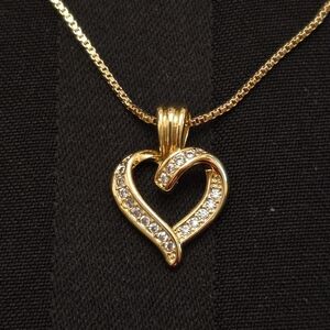Gold Tone Open Heart Pendant Necklace with CZ Accents – Elegant & Dainty